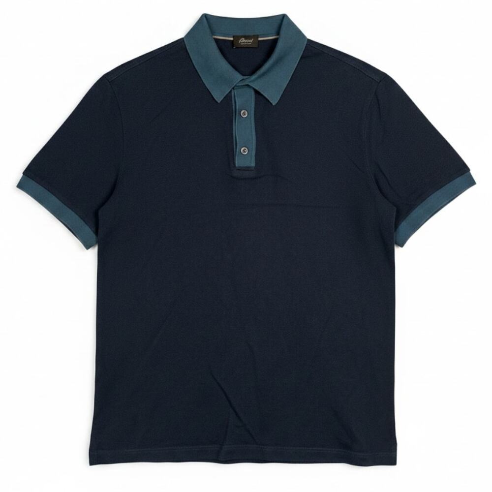 Brioni Italy Men's Large Polo Contrast Trim Navy Blue Short Sleeve Cotton Luxury